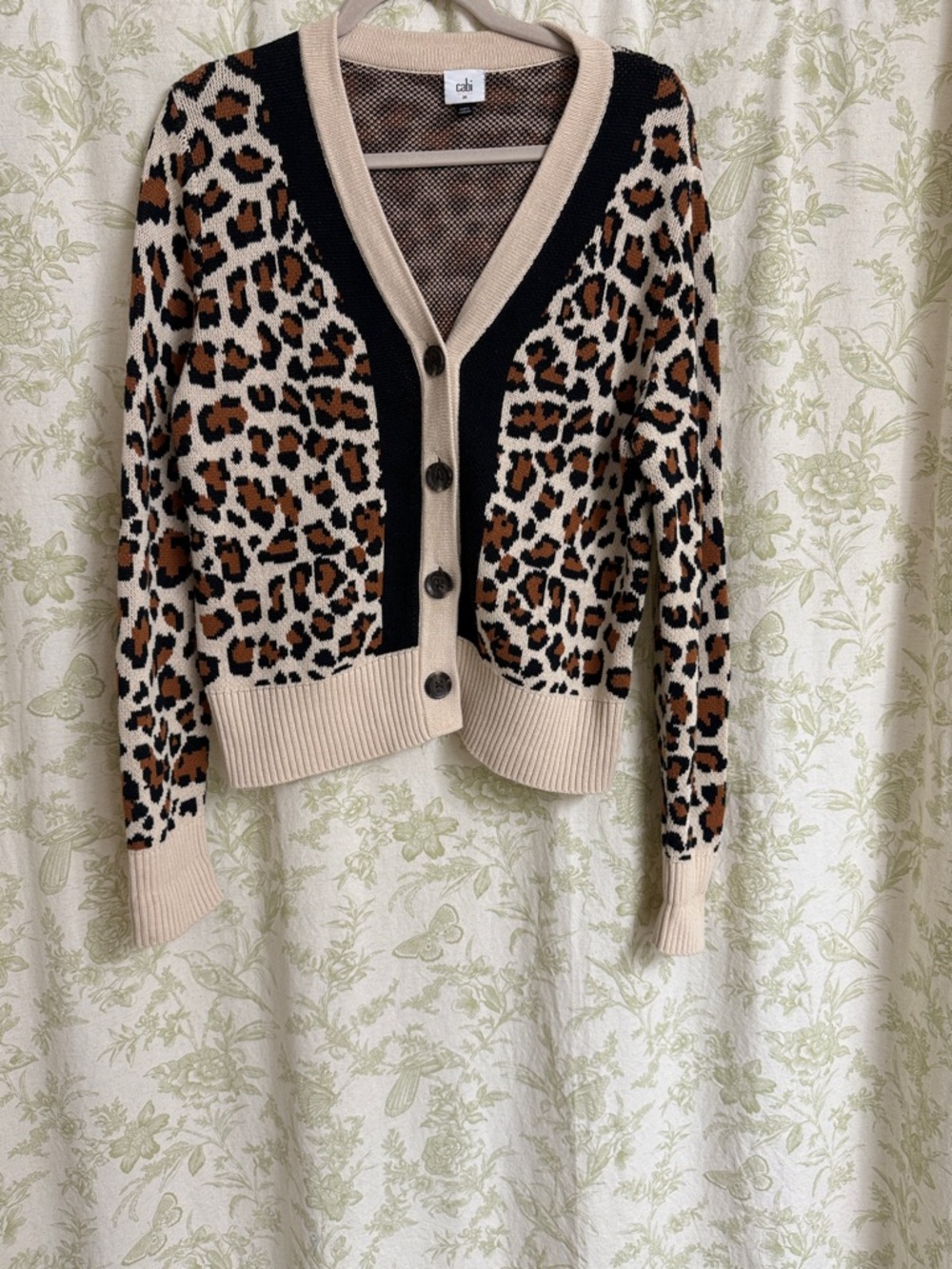 Leopard Print V-Neck Button Cardigan - Beige & Black - Picture 2 of 7